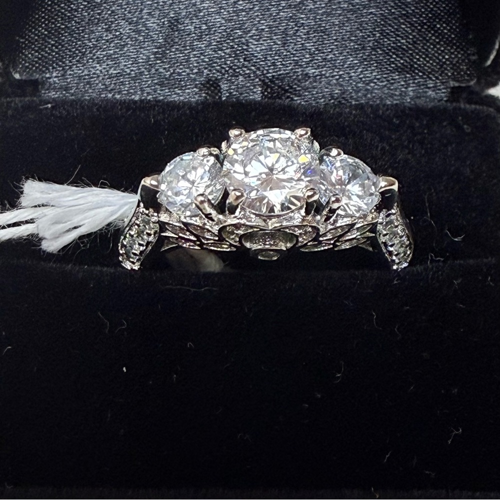 Classic Three-Stone Vintage Sterling Silver Engagement Ring Size 9.5